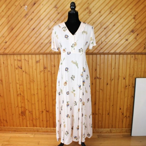 MJW Studio Maxi Shirt Dress Beige Floral Size 7/8 Short Sleeve Collared Half D98 - Picture 7 of 8